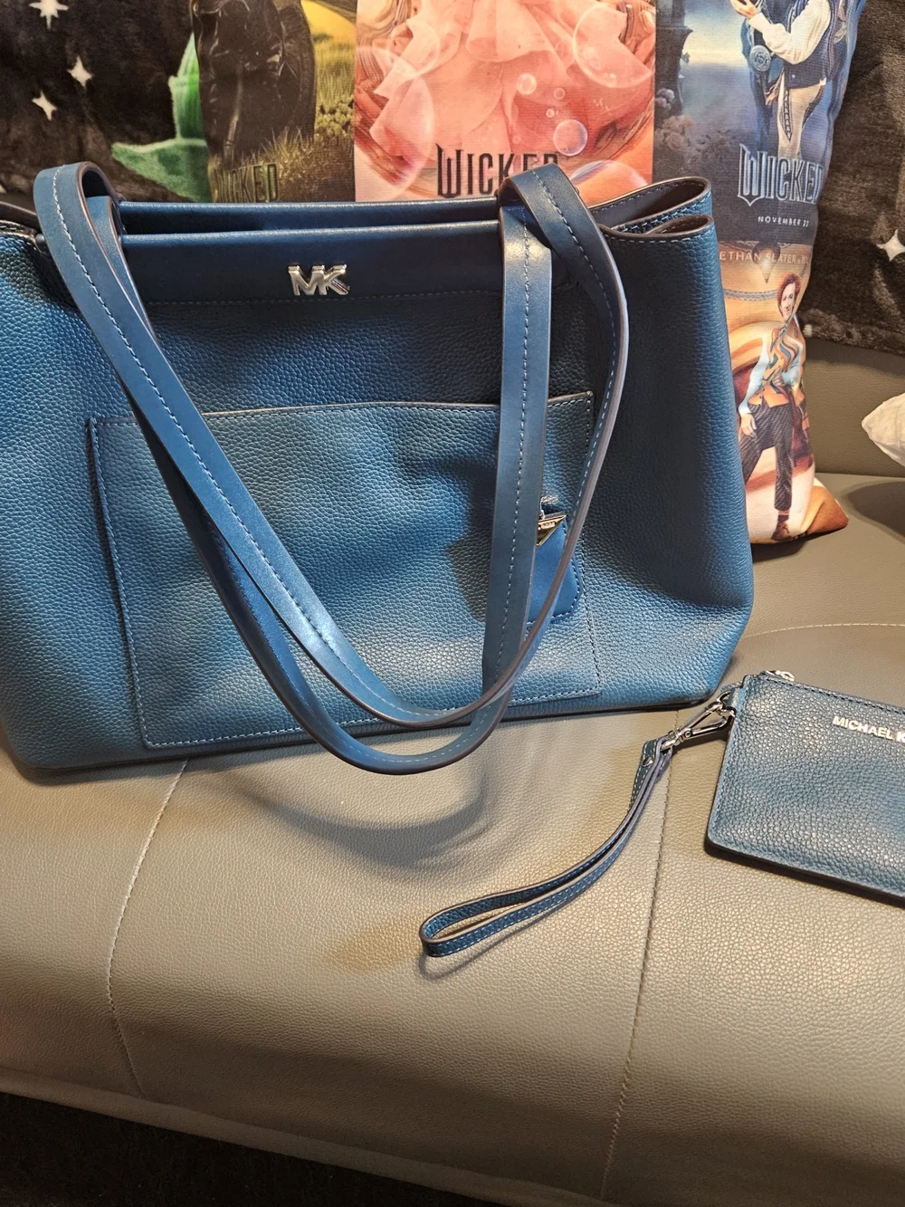 Michael Kors Teal Blue Pebbled Leather Tote with Wristlet